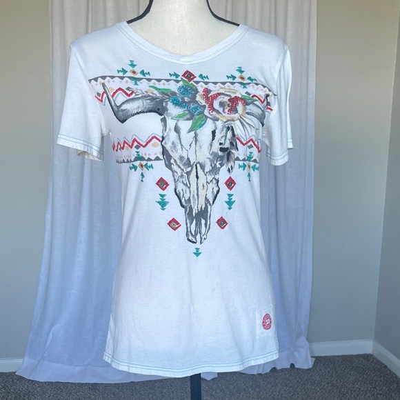 Double D Ranch Tops - Double D Ranch Floral Cow Skull Embroidered and Beaded Graphic Tee Size Small